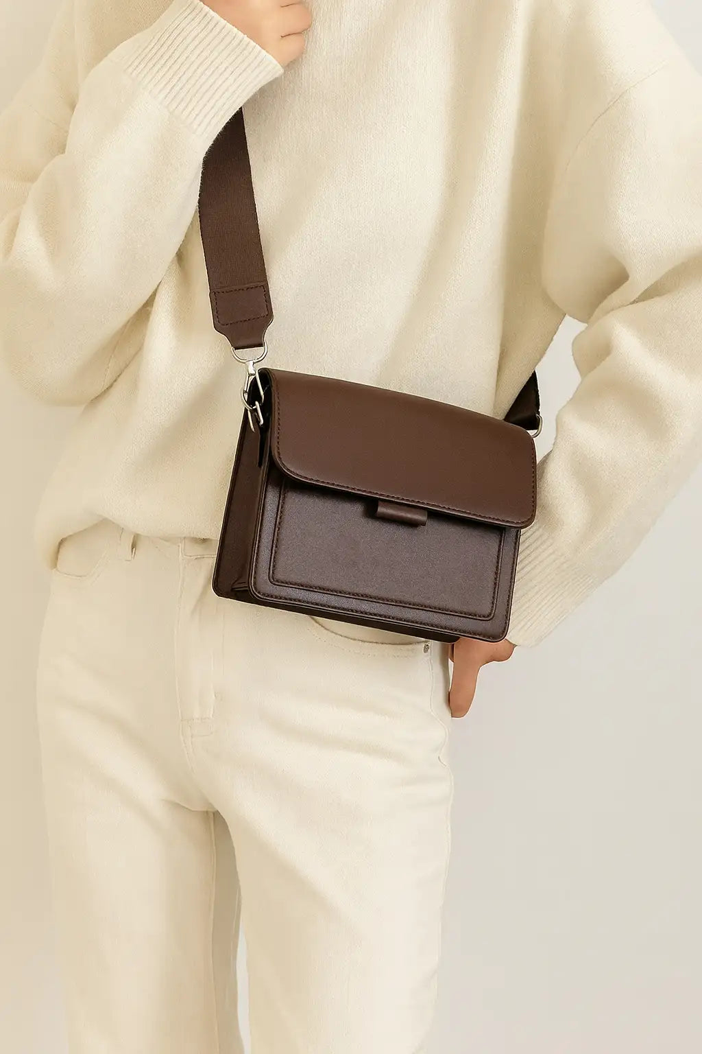 Classic Faux Leather Crossbody Bag Brown