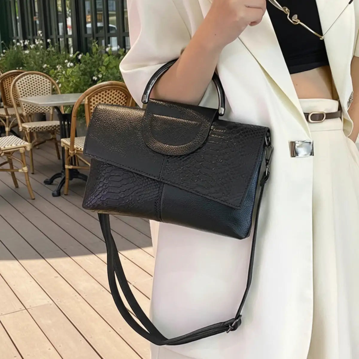 Textured Faux Leather Envelope Bag Black 