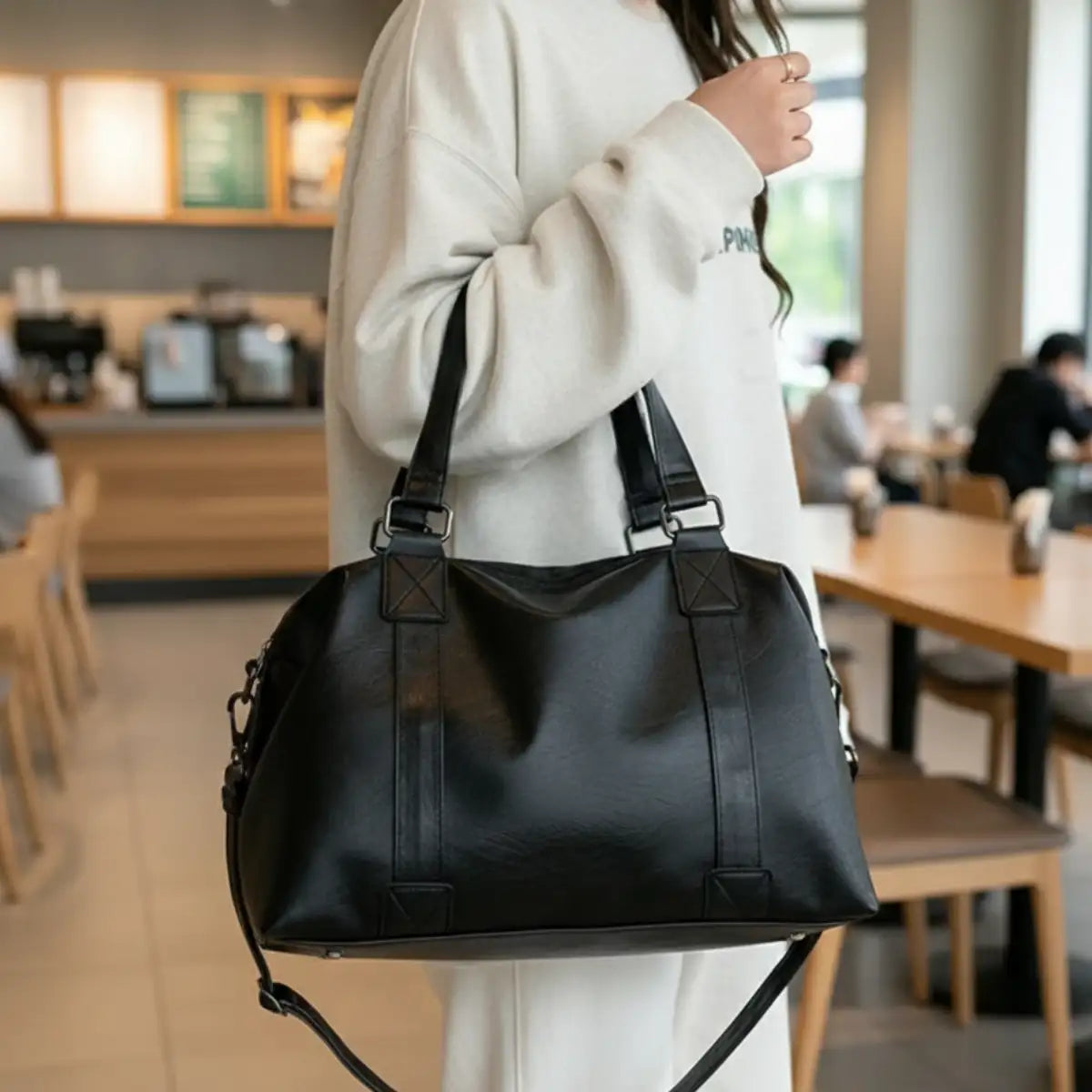 Faux Leather Shoulder Tote Bag Lifestyle Black