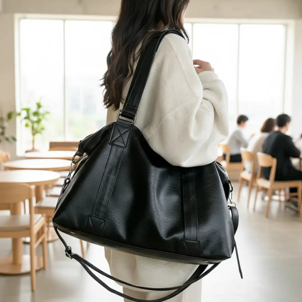 Faux Leather Shoulder Tote Bag Lifestyle Black
