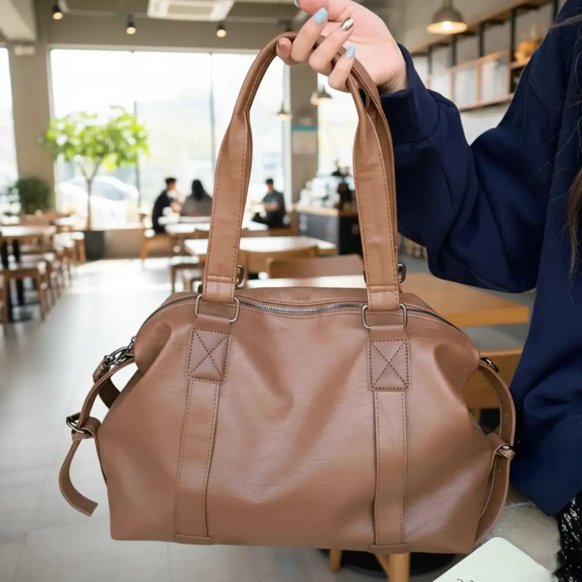 Faux Leather Shoulder Tote Bag Lifestyle Brown