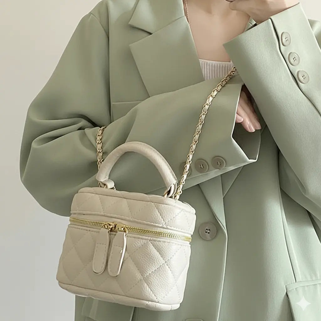 Mini Quilted Crossbody Bag with Chain Strap – Elegant Faux Leather Bucket Purse