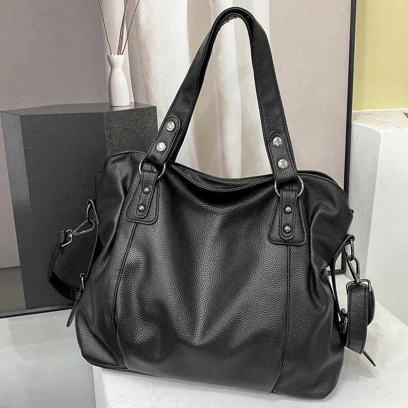 Retro Vegan Leather Shoulder Tote Black