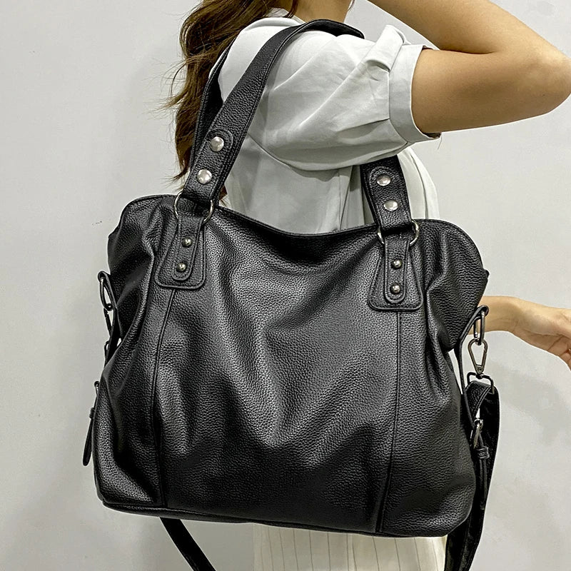 Retro Vegan Leather Shoulder Tote Black