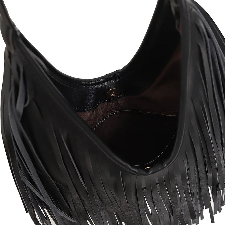 boho slouchy faux leather shoulder tote with tassels