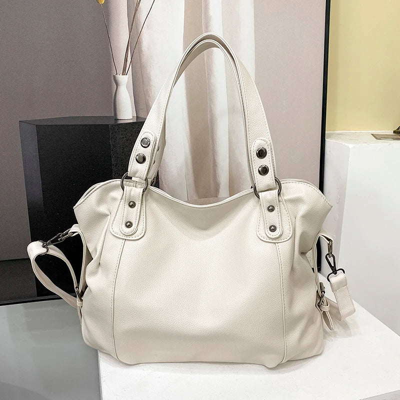 Retro Vegan Leather Shoulder Tote White
