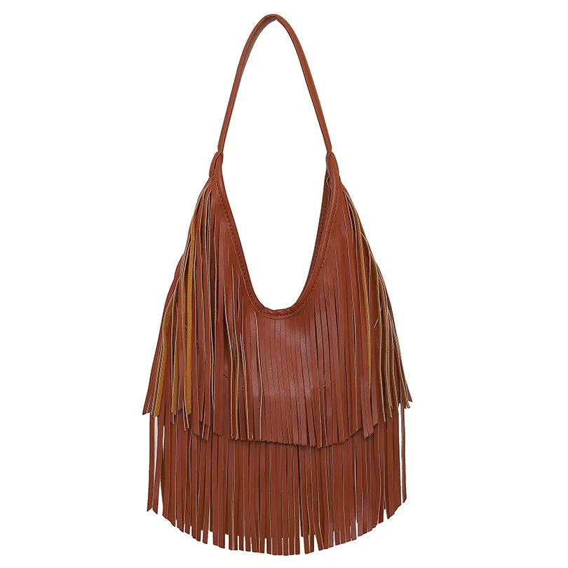 brown fashion fringe hobo handbag with slouchy silhouette