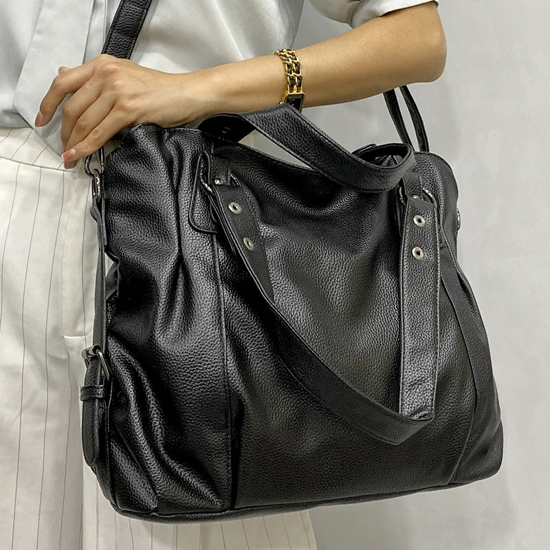 Retro Vegan Leather Shoulder Tote Black