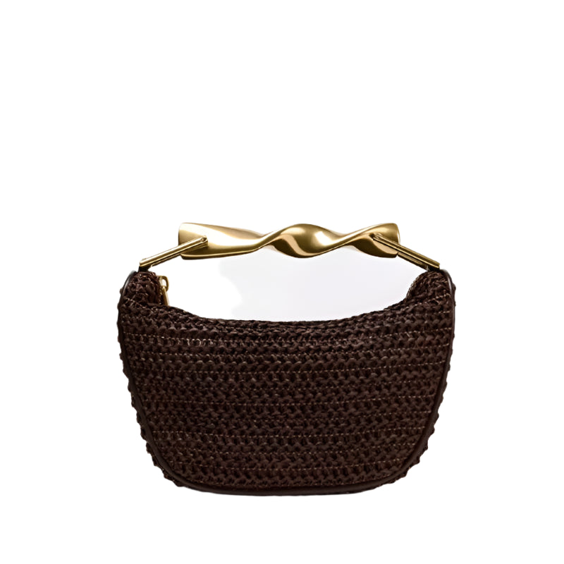 woven rattan half moon straw crossbody bag with metal handle