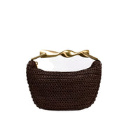woven rattan half moon straw crossbody bag with metal handle