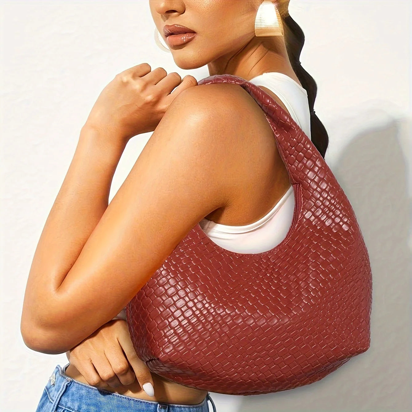 Woven Vegan Leather Hobo Bag – Soft Slouchy Shoulder Purse with Zipper Closure