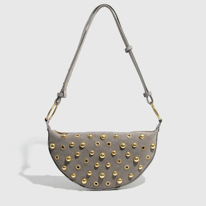 trendy rivet crescent shoulder bag with charm