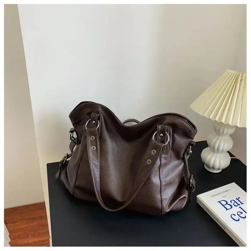 Retro Vegan Leather Shoulder Tote Brown