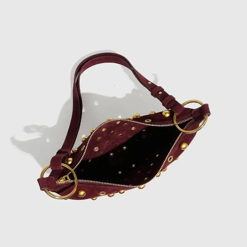 elegant crescent studded shoulder tote with zipper