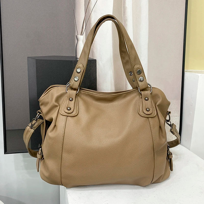 Retro Vegan Leather Shoulder Tote Beige