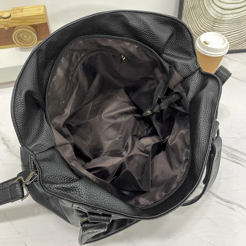 Retro Vegan Leather Shoulder Tote Black