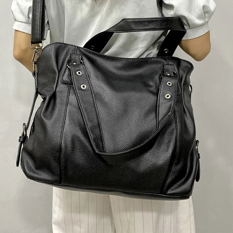 Retro Vegan Leather Shoulder Tote Black