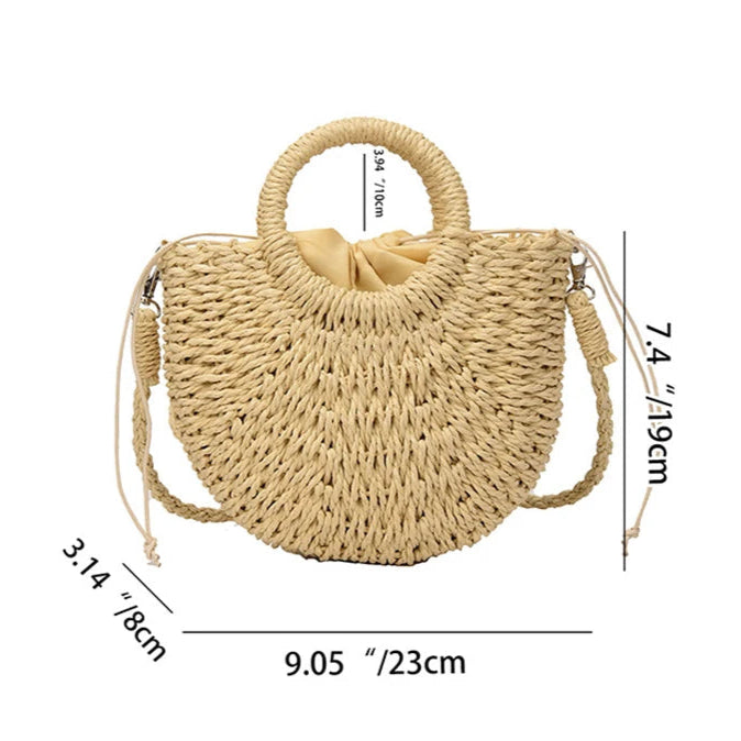 Handwoven Straw Half-Moon Bag – Summer Rattan Beach Shoulder & Crossbody Tote