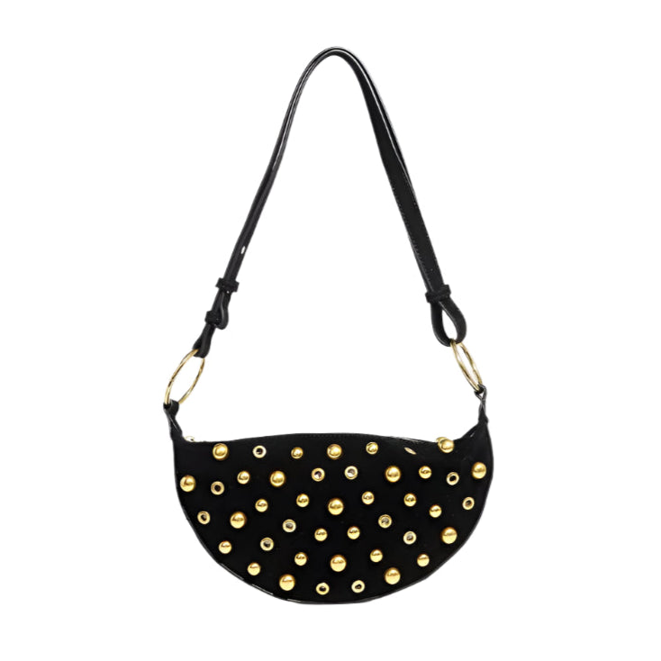 Studded crescent vegan faux leather shoulder bag