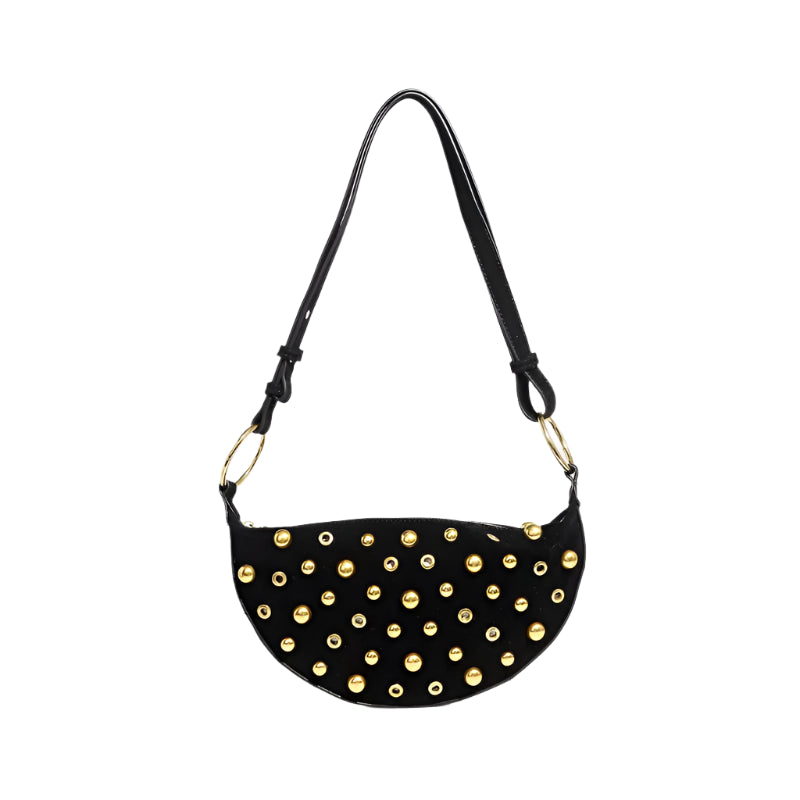 Studded crescent vegan faux leather shoulder bag