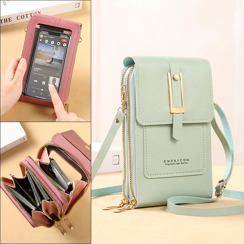 small faux leather touchscreen crossbody purse with phone pocket