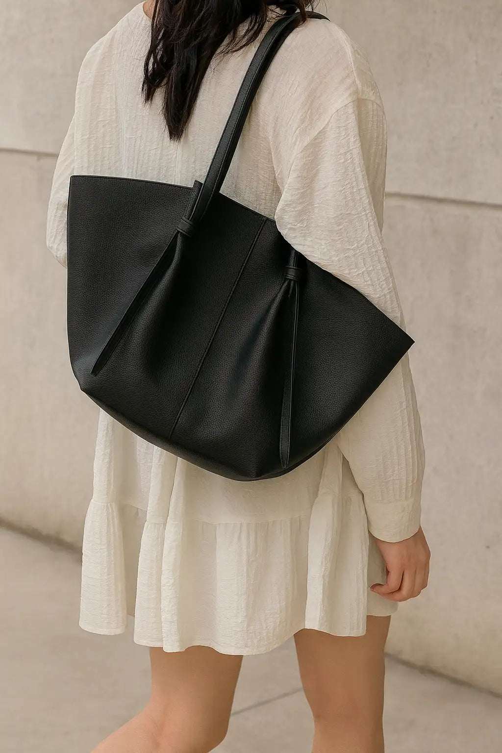 big black tote bag over one shoulder 