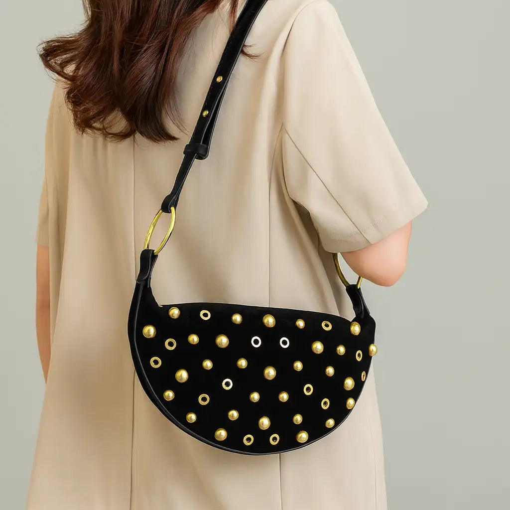 Studded Shoulder Bag – Retro Crossbody with Metal Charm