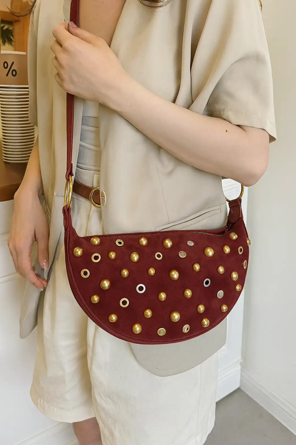 Studded Shoulder Bag – Retro Crossbody with Metal Charm Red