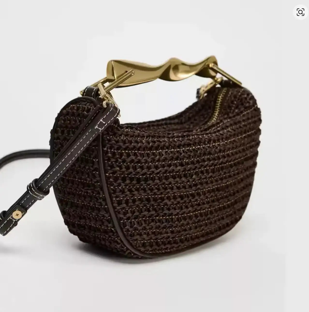 Woven Rattan Half-Moon Bag – Straw Purse with Metal Handle