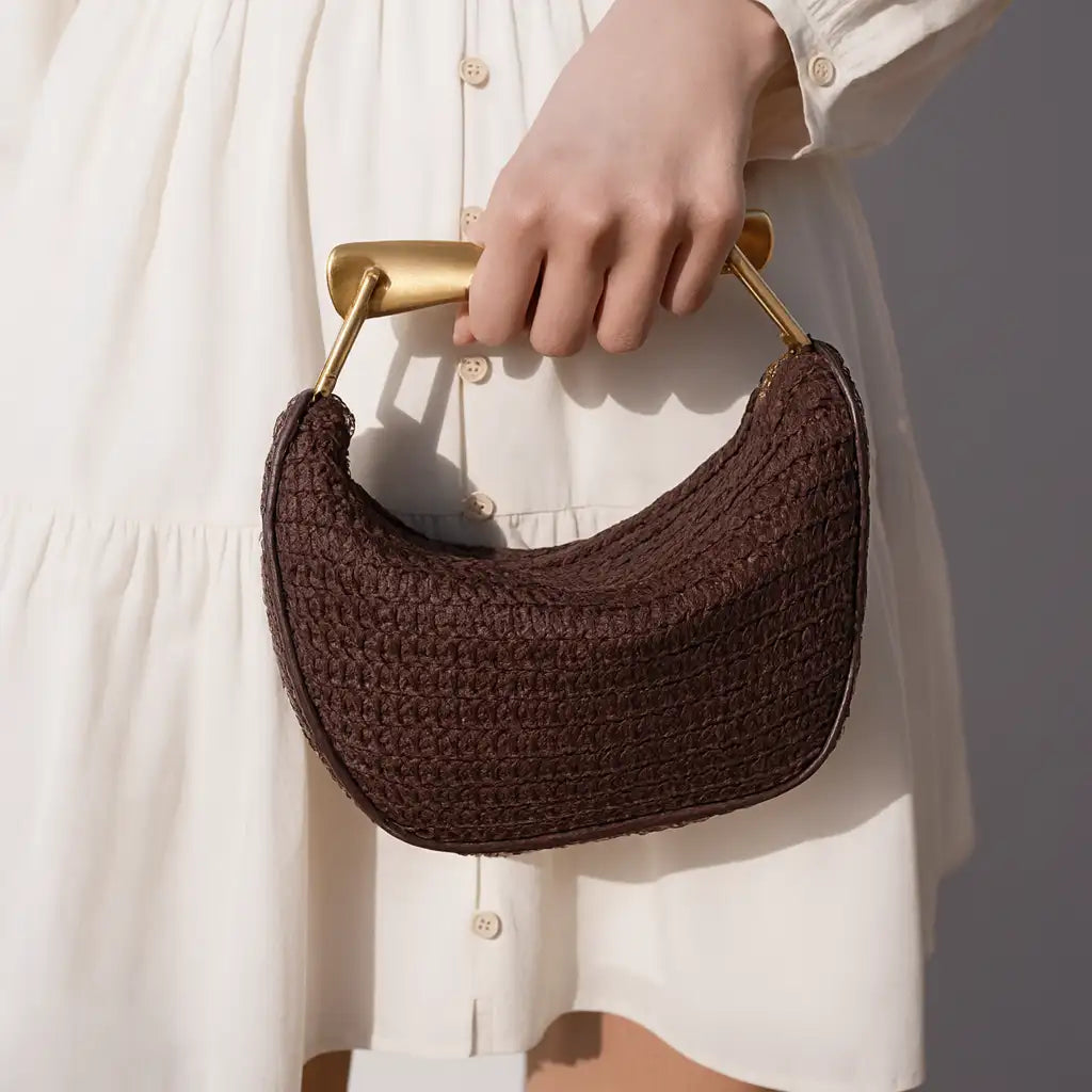 Woven Rattan Half-Moon Bag – Straw Purse with Metal Handle