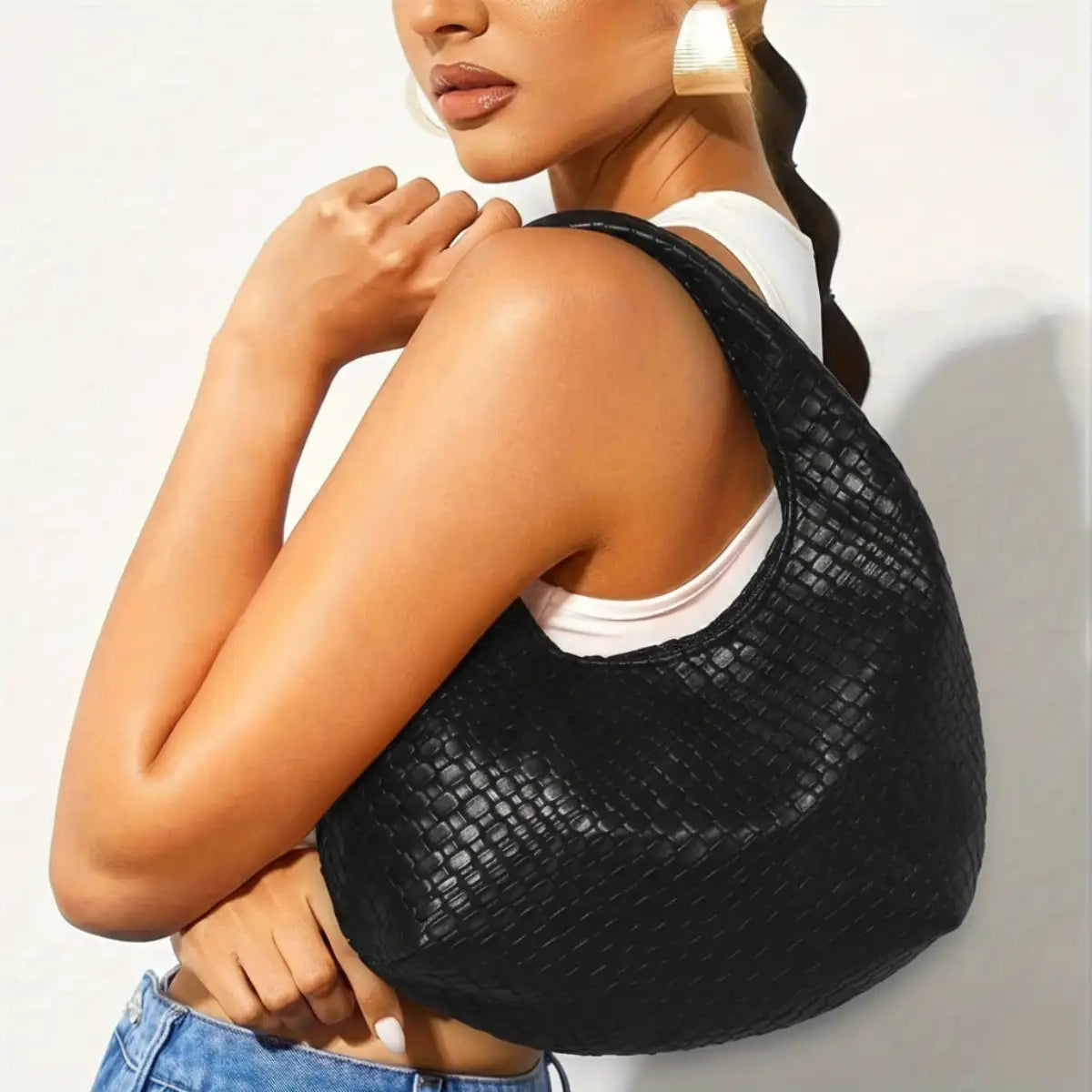  Woven Vegan Leather Hobo Bag Black