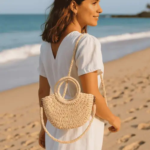 Handwoven Straw Half-Moon Bag – Summer Rattan Beach Shoulder & Crossbody Tote