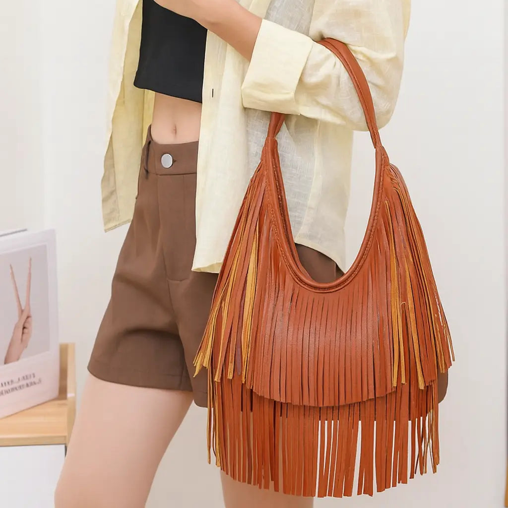 everyday boho fringe vegan leather shoulder tote