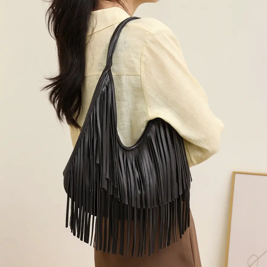 everyday boho fringe vegan leather shoulder tote black
